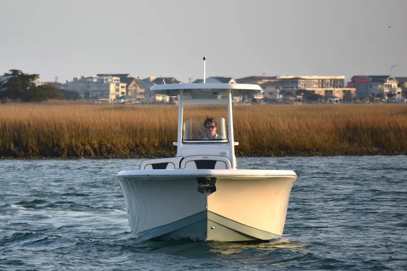 Slide: The Image of 2021 Tidewater 232 LXF boat cruising on water near coastal buildings and marshland. - 2