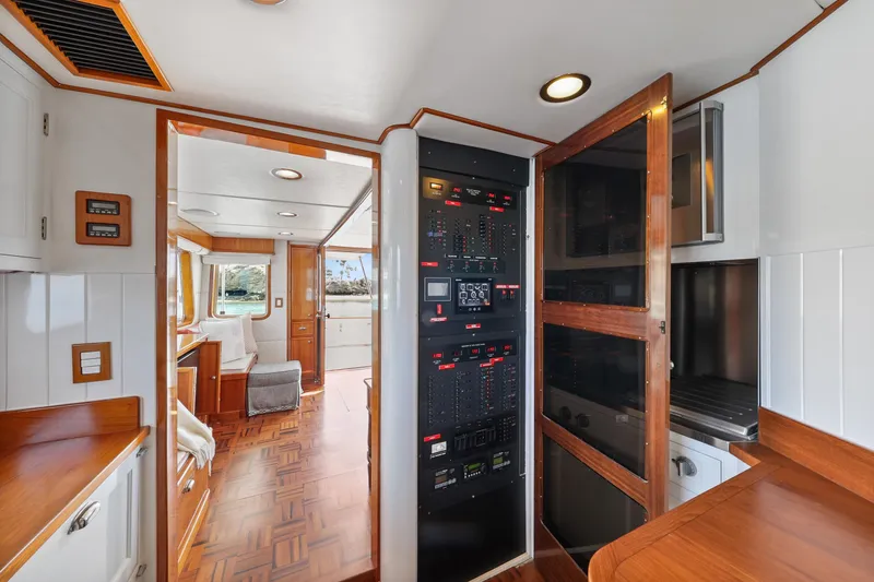 Slide: The Image of Interior of 1970 Hargrave Yachtfisher with control panel and wood accents. - 33