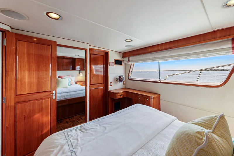 Slide: The Image of Luxurious 1970 Hargrave Yachtfisher cabin with wooden interior and ocean view. - 39