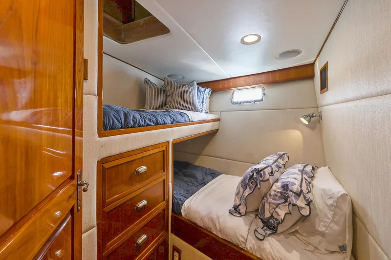 Slide: The Image of Cozy cabin interior of 1970 Hargrave Yachtfisher with bunk beds and wooden cabinetry. - 47