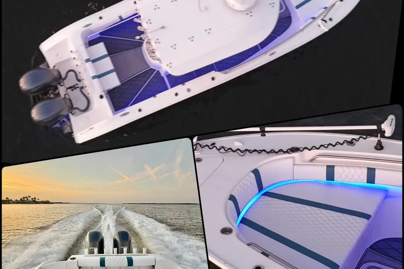 Slide: The Image of 2019 Cape Horn 27 boat with dual engines, illuminated interior, and scenic water view. - 11