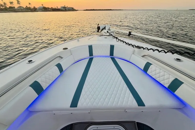 Slide: The Image of 2019 Cape Horn 27 boat interior with blue LED lighting at sunset. - 12