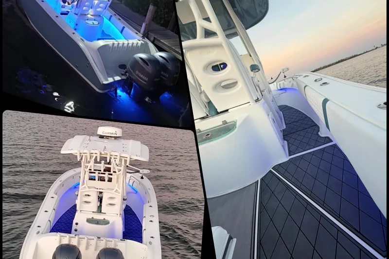 Slide: The Image of 2019 Cape Horn 27 boat with blue LED lighting and Yamaha engines on the water. - 18