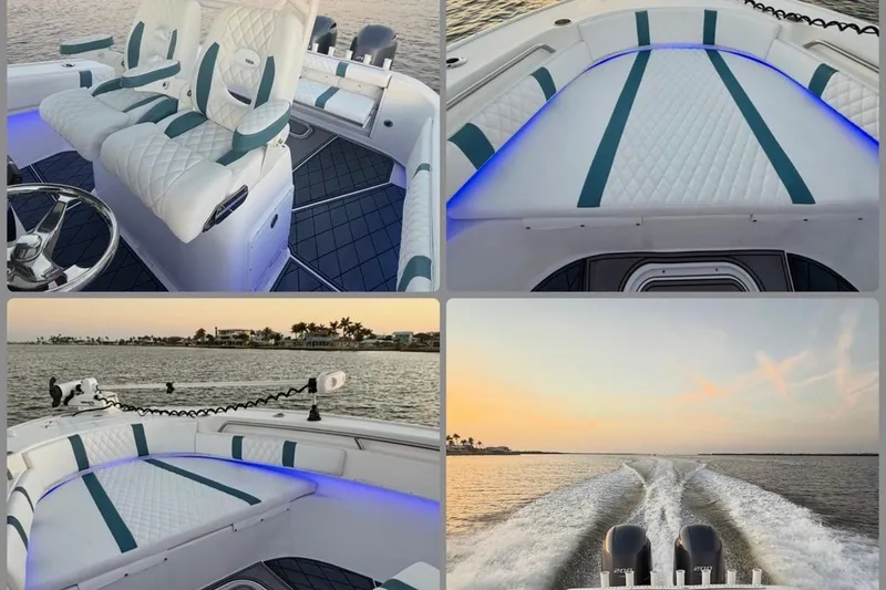 Slide: The Image of 2019 Cape Horn 27 boat interior and exterior views, featuring seating and dual engines at sunset. - 35
