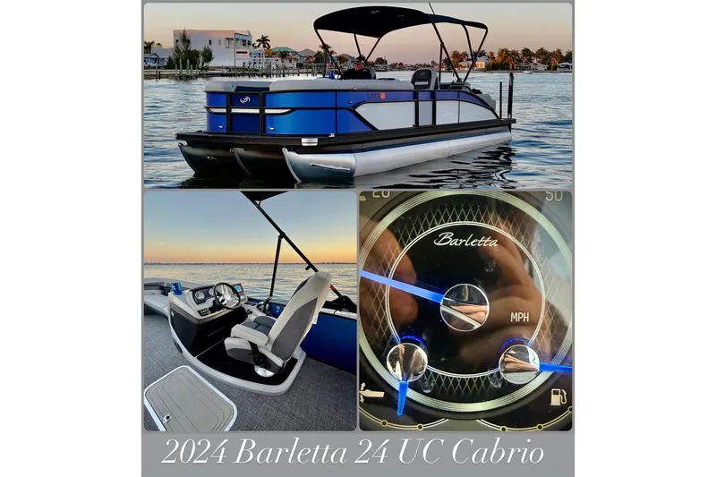 Slide: The Image of 2024 Barletta Cabrio 24UC pontoon boat on water, interior and dashboard details. - 2