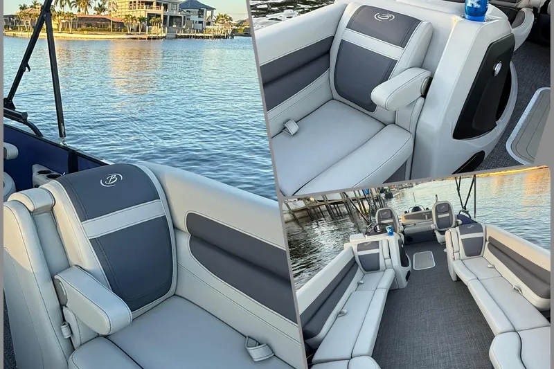 Slide: The Image of 2024 Barletta Cabrio 24UC pontoon boat interior with luxurious seating and waterfront view. - 25