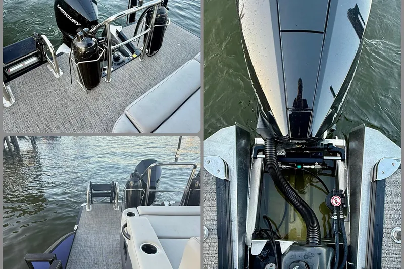 Slide: The Image of 2024 Barletta Cabrio 24UC pontoon boat with Mercury engine, rear deck view. - 31