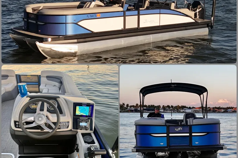 Slide: The Image of 2024 Barletta Cabrio 24UC pontoon boat on water, featuring modern design and navigation system. - 6