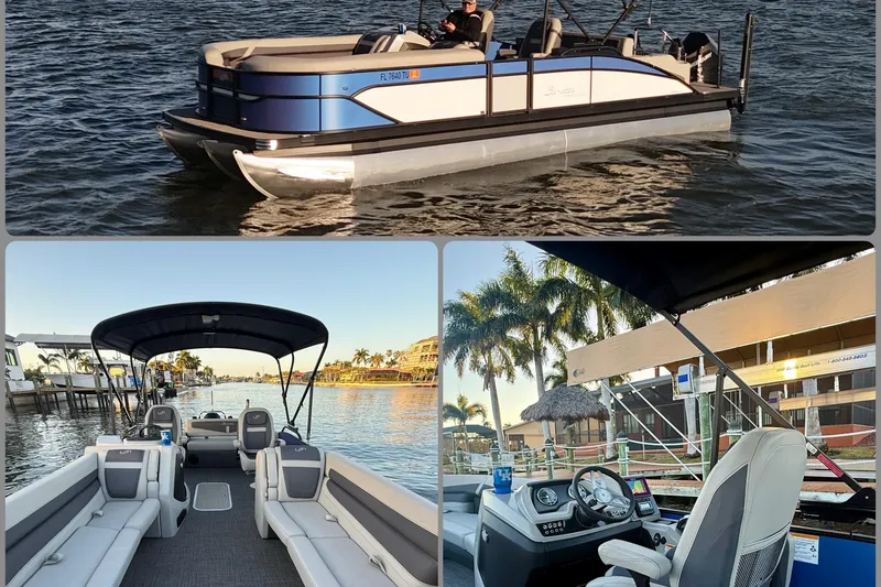 Slide: The Image of 2024 Barletta Cabrio 24UC pontoon boat on water, showcasing interior and helm. - 7