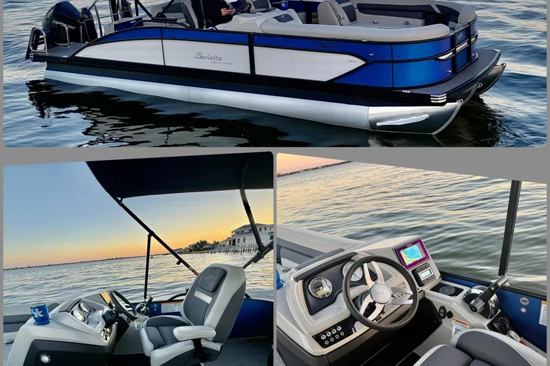 Slide: The Image of 2024 Barletta Cabrio 24UC pontoon boat on water, featuring modern helm and seating. - 8