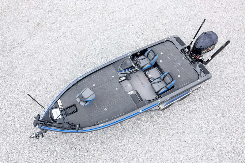 Slide: The Image of 2023 Caymas CX 21 PRO fishing boat, aerial view, showcasing spacious deck and seating. - 52