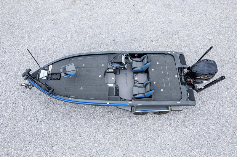 Slide: The Image of 2023 Caymas CX 21 PRO fishing boat, aerial view, showcasing spacious deck and seating. - 53