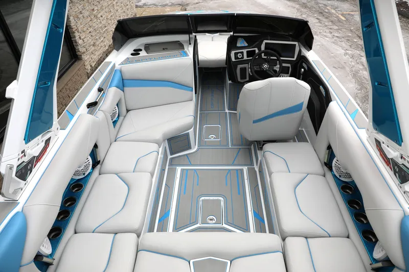 Slide: The Image of Luxurious interior of 2026 Centurion Nv233 boat with modern seating and sleek design. - 2