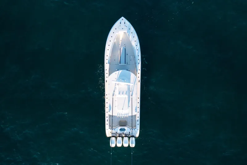 Slide: The Image of Aerial view of a 2019 Yellowfin 39 boat on open water. - 19