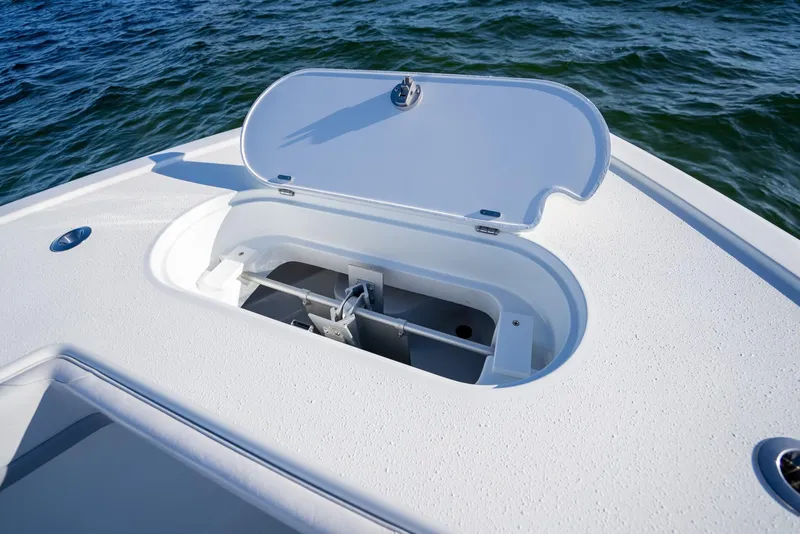 Slide: The Image of 2019 Yellowfin 39 boat anchor compartment on open water. - 41
