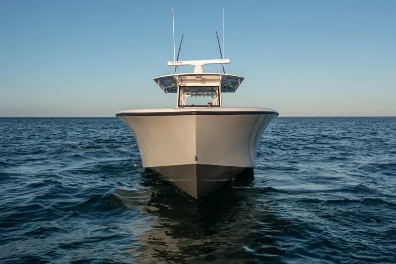 Slide: The Image of 2019 Yellowfin 39 boat on open water, front view. - 7