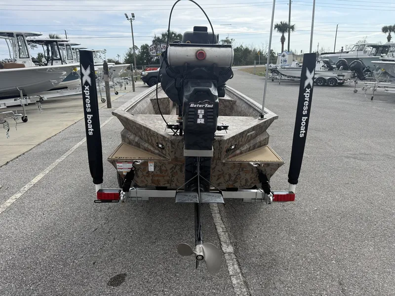 Slide: The Image of Rear view of 2026 Xpress Bayou Series 180CC boat on a trailer. - 3