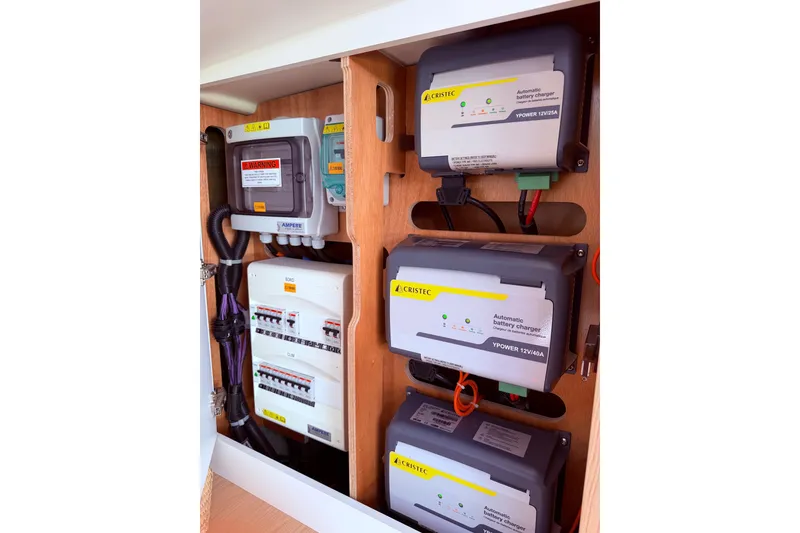 Slide: The Image of Electrical panel and battery chargers on 2022 Beneteau Oceanis Yacht 54. - 58