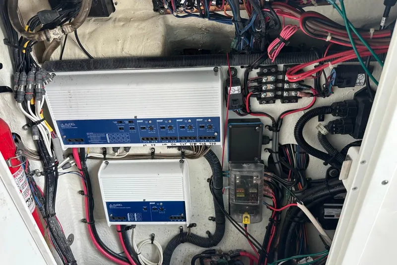 Slide: The Image of Electrical system of a 2018 Tidewater 320 CC Adventure boat, featuring wiring and components. - 28
