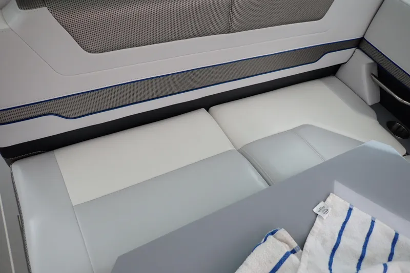 Slide: The Image of 2023 Formula 380 Super Sport Crossover OB interior seating with modern design and fabric details. - 16