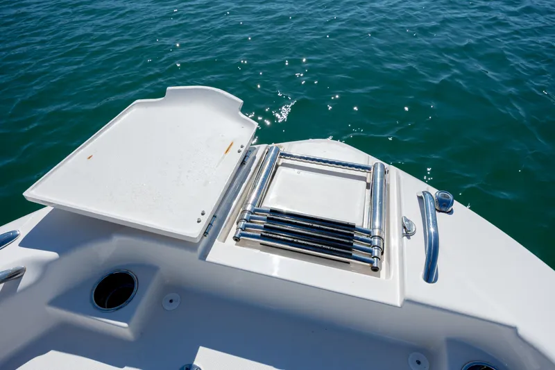 Slide: The Image of 2024 Grady-White 251 Coastal Explorer boat deck with ladder, on sparkling water. - 29