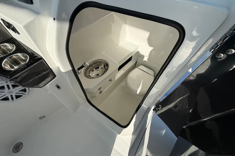Slide: The Image of 2019 Blackfin 272 DC boat interior with compact bathroom and stainless steel sink. - 29