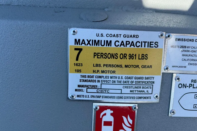 Slide: The Image of 2026 Crestliner 1870 Retriever FCC capacity label, 7 persons or 961 lbs, U.S. Coast Guard compliant. - 15
