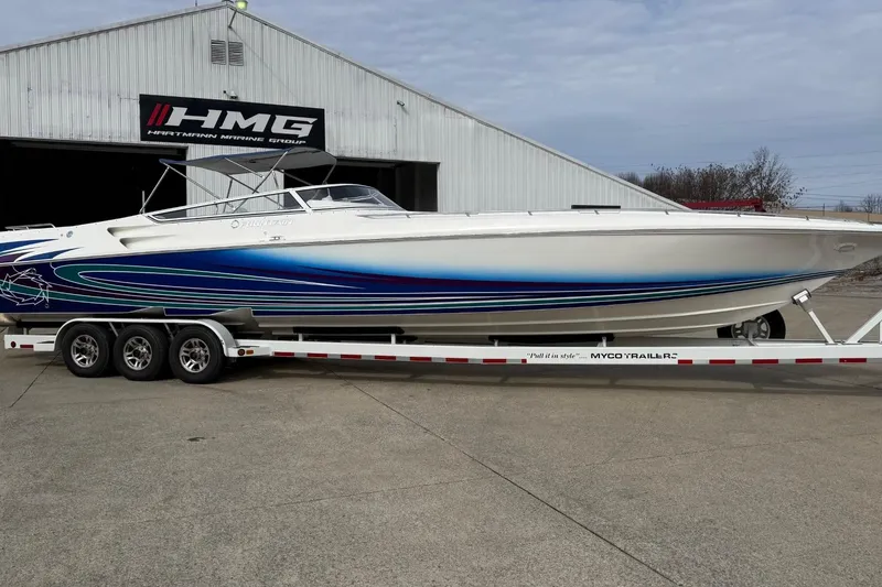 The Image of 2010 Fountain 42 Lightning speedboat on trailer, parked outside HMG building. - 0