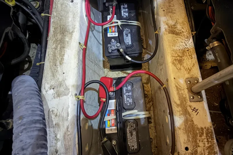 Slide: The Image of Battery compartment of 2000 Carver 356 Aft Cabin Motor Yacht with wiring and connections. - 42