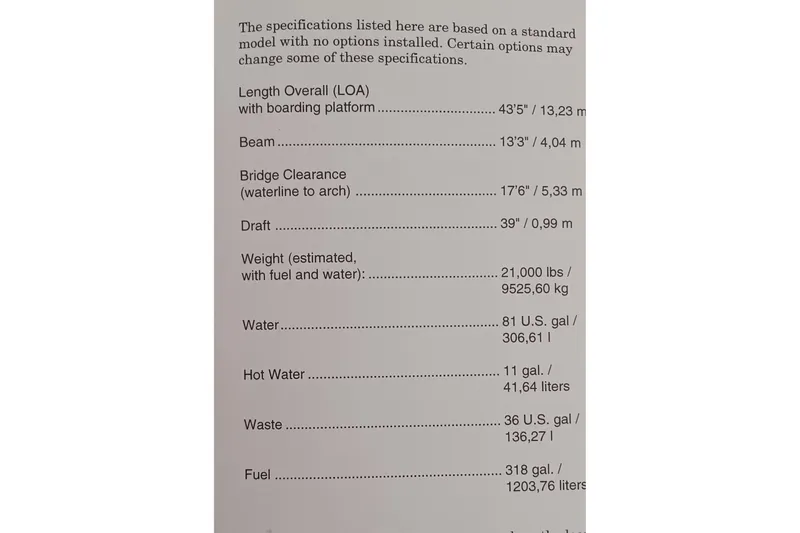 Slide: The Image of Specifications for 2000 Carver 356 Aft Cabin Motor Yacht, including dimensions and capacities. - 47