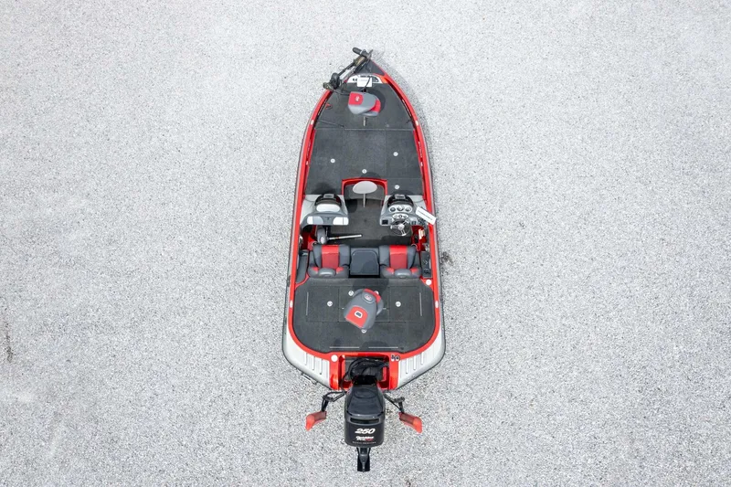 Slide: The Image of Aerial view of 2009 Ranger Z520 Comanche fishing boat with red and black interior. - 51
