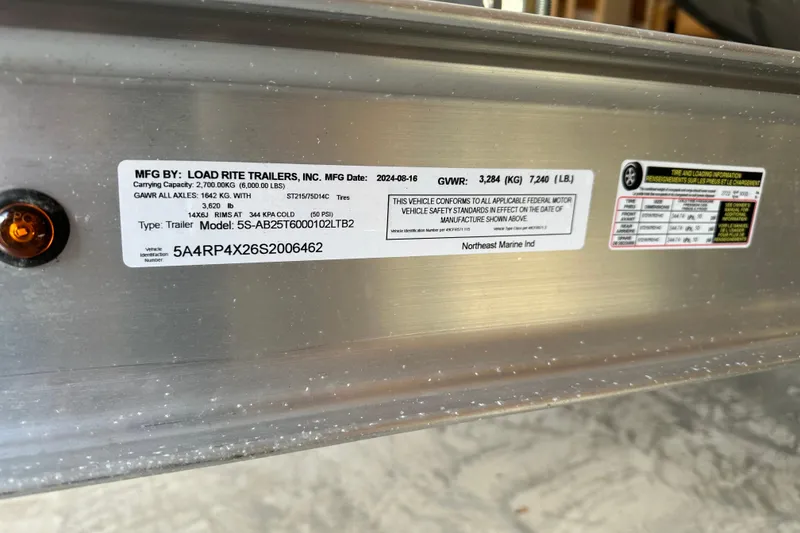 Slide: The Image of 2019 Sea Pro 239 Deep V CC trailer label by Load Rite Trailers, showing specifications. - 16