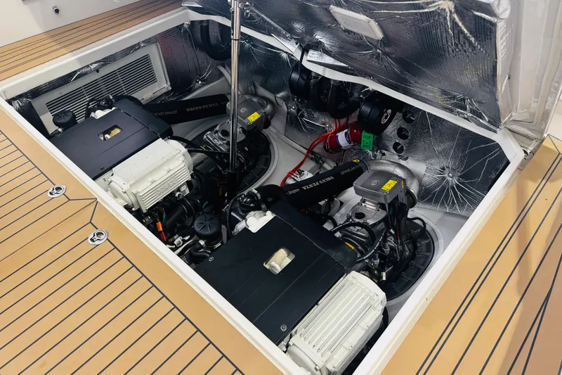 Slide: The Image of Engine compartment of a 2018 MJM 40z boat with Volvo Penta engines. - 43