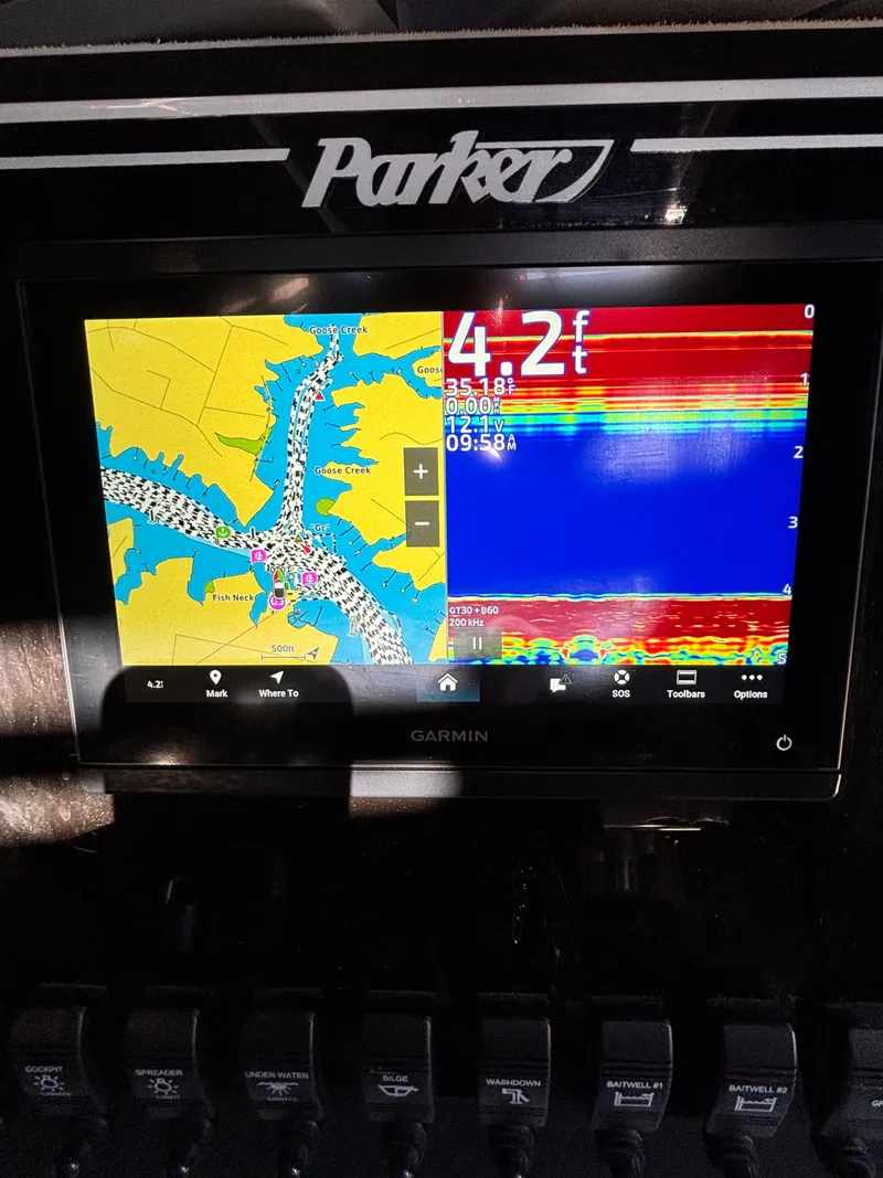 Slide: The Image of Garmin navigation system on Parker 23 Special Edition boat, 2025 model. - 5