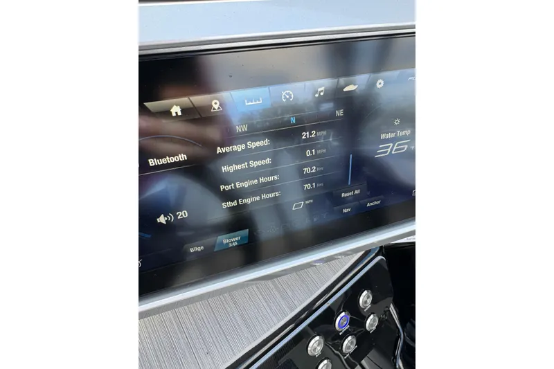 Slide: The Image of 2024 Yamaha Boats 222XE dashboard display showing speed, engine hours, and water temperature. - 7