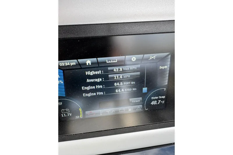 Slide: The Image of Dashboard display of a 2024 Yamaha Boats 222XE showing speed and engine hours. - 9