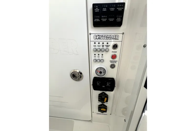 Slide: The Image of Control panel of 2026 Contender 25 Tournament boat with switches and gauges. - 34