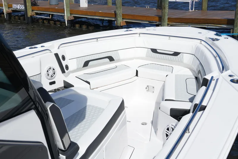 Slide: The Image of 2026 Blackfin 332 CC boat interior with spacious seating and modern design. - 26