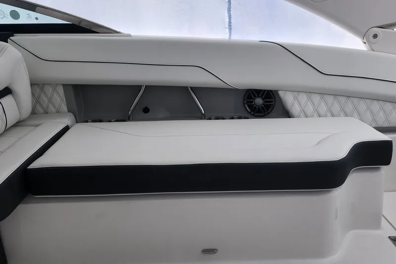 Slide: The Image of Luxurious interior seating of 2026 Regal LX6 boat with elegant white upholstery. - 20