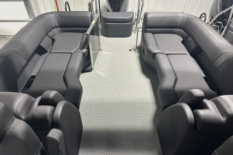 Slide: The Image of Luxurious seating in 2026 Evotti 725 QL boat, featuring sleek black and red design. - 11