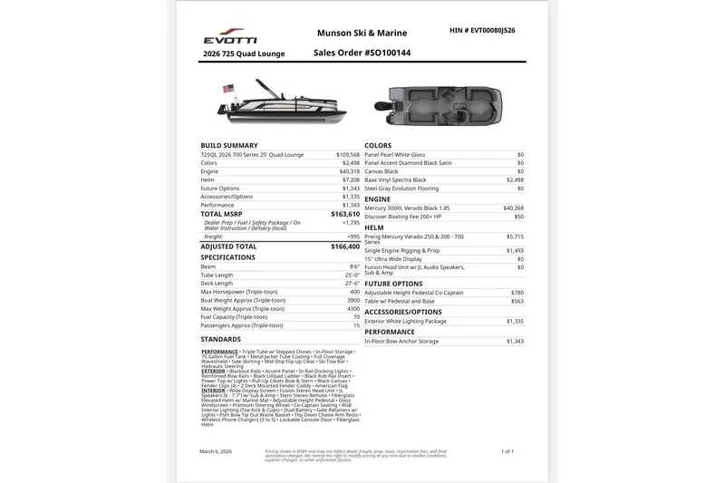 Slide: The Image of Evotti 2026 725 QL sales order with specifications, pricing, and features listed. - 25