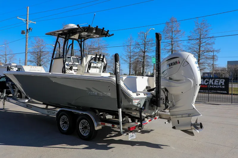 Slide: The Image of 2023 Pathfinder 2700 Open boat with Yamaha engine on trailer, outdoor display. - 16