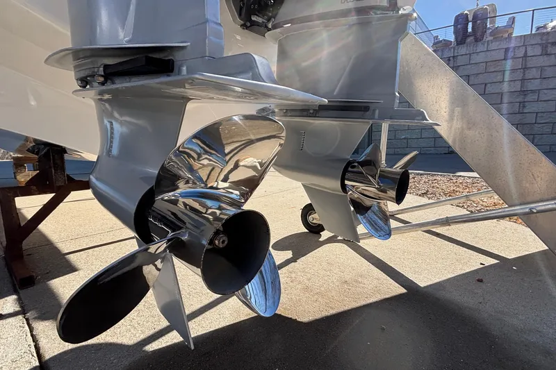 Slide: The Image of 2026 Monterey Elite 30 OB boat propellers in sunlight, showcasing sleek design and engineering. - 78