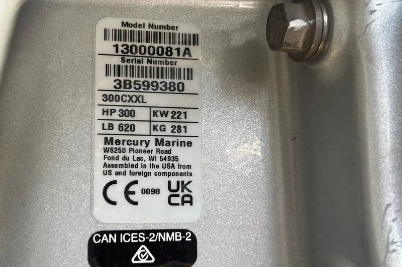Slide: The Image of Label on a 2026 Monterey Elite 30 OB, featuring Mercury Marine specifications and compliance details. - 79