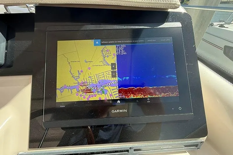 Slide: The Image of Garmin navigation display on 2008 Tiara Yachts 3900 Sovran, showing map and sonar. - 73