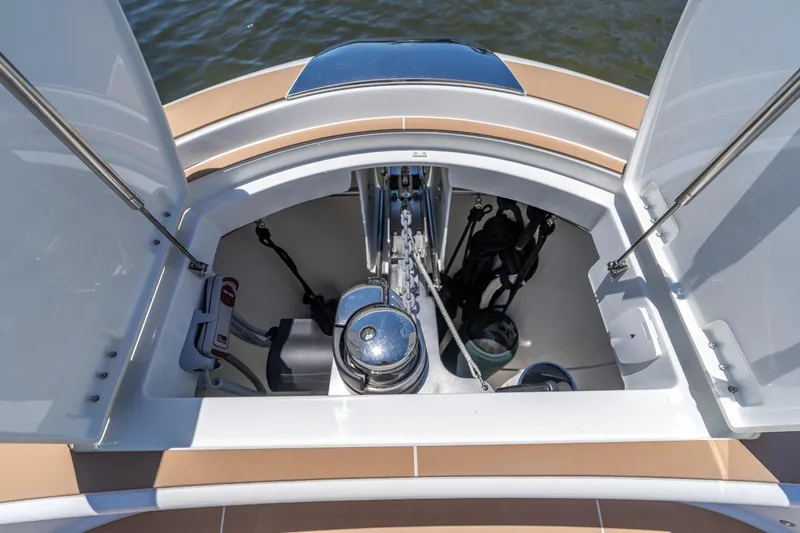 Slide: The Image of Open anchor compartment of 2027 Solaris Power 40 Open yacht, showcasing equipment and storage. - 26
