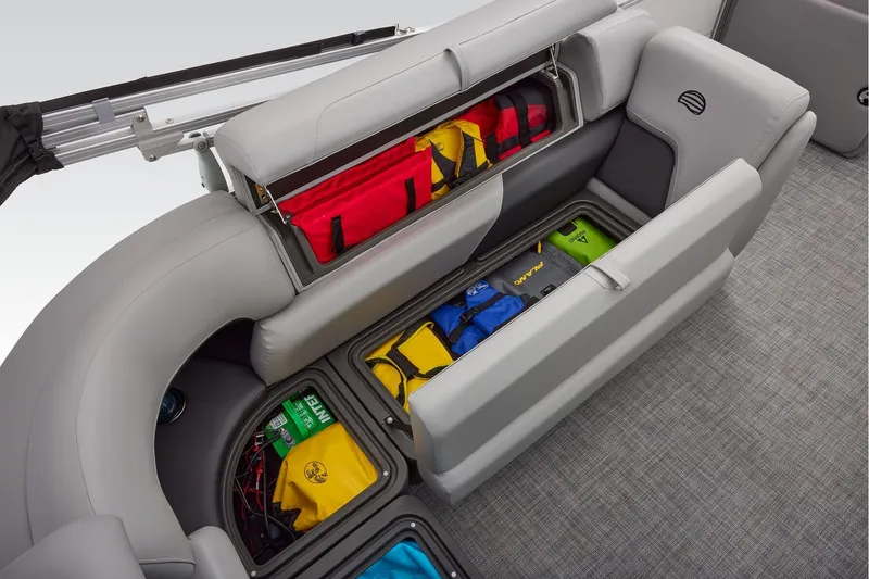 Slide: The Image of Manufacturer Provided Image: 2026 Sun Tracker Party Barge 20 DLX storage compartments with colorful gear and accessories. - 47