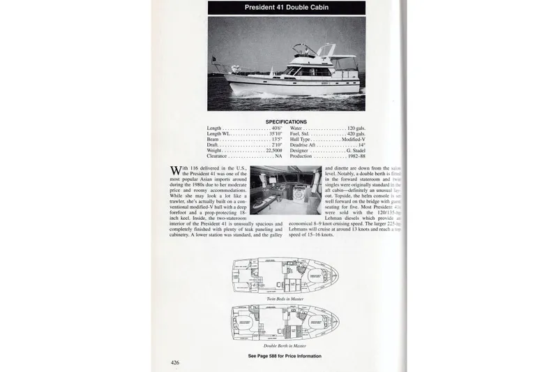 Slide: The Image of 1984 President D/C Motoryacht/Trawler, specifications and layout details, featuring double cabin design. - 17