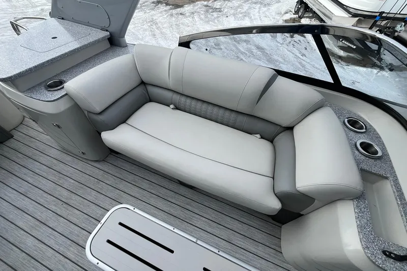 Slide: The Image of Luxurious seating on 2018 Avalon Excalibur Elite Windshield boat, featuring sleek design and comfort. - 14