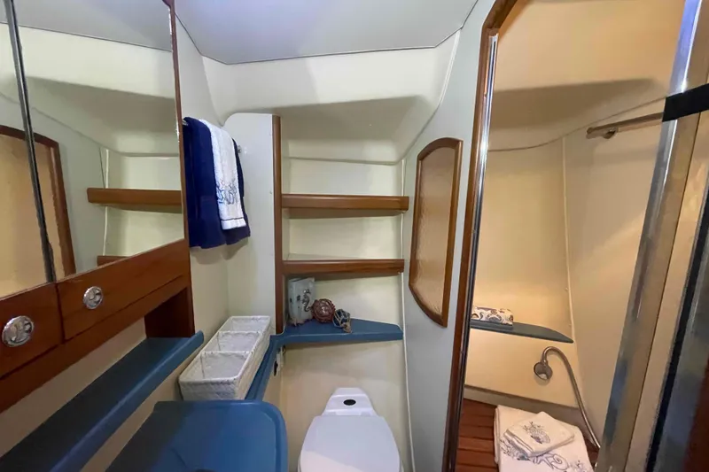 Slide: The Image of Bathroom interior of 2003 Hunter 426 Deck Salon yacht, featuring shelves and a shower area. - 110